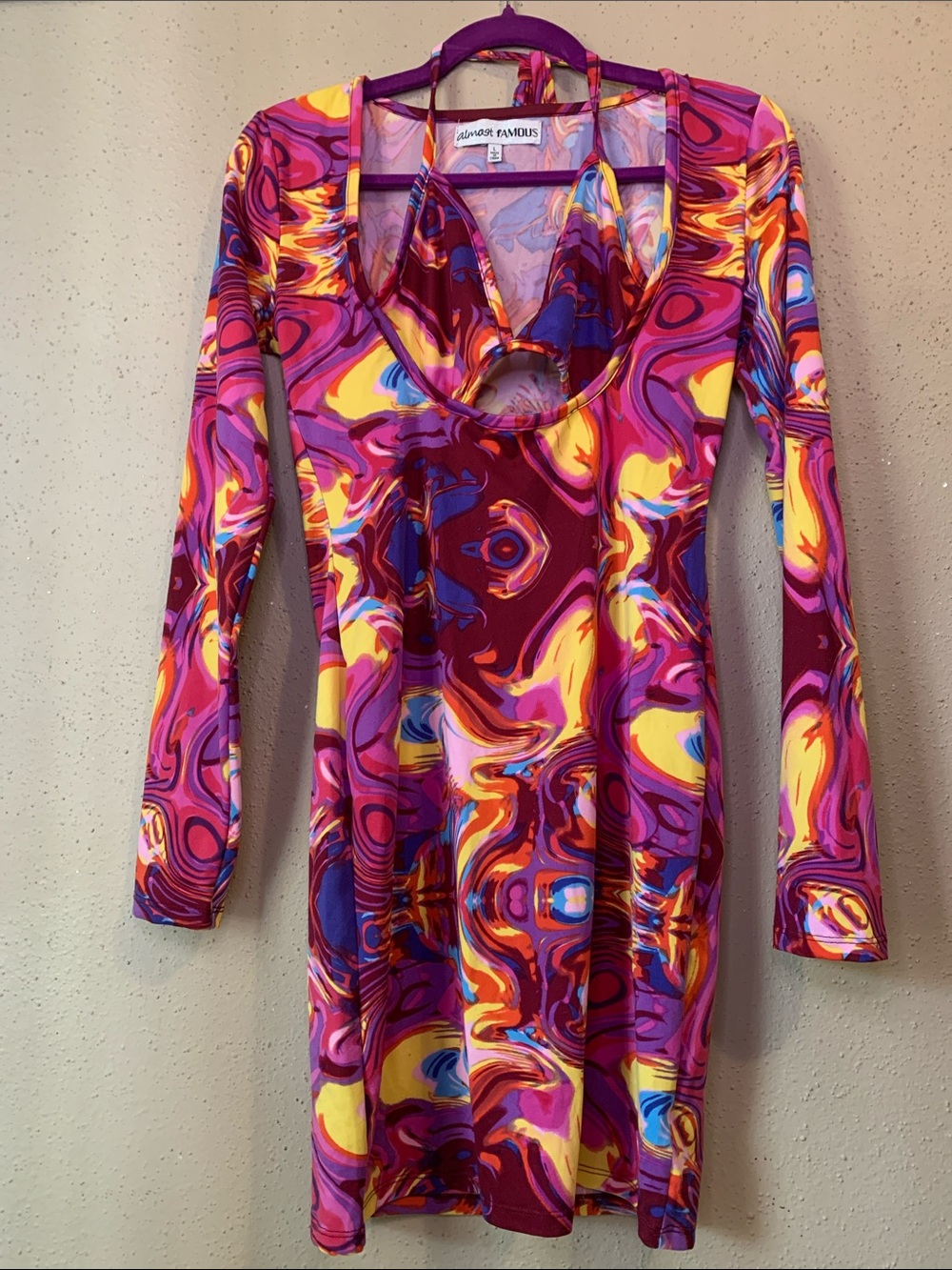 Almost Famous Pink Yellow Multi-Swirl Cutout Mini Dress